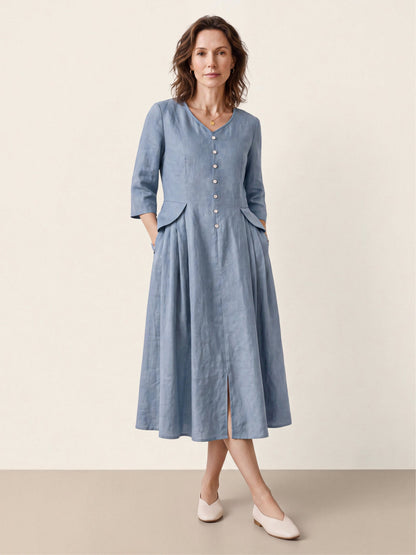 100% Linen Shell Button A-Line Midi Dress ELIORA  DestGlow