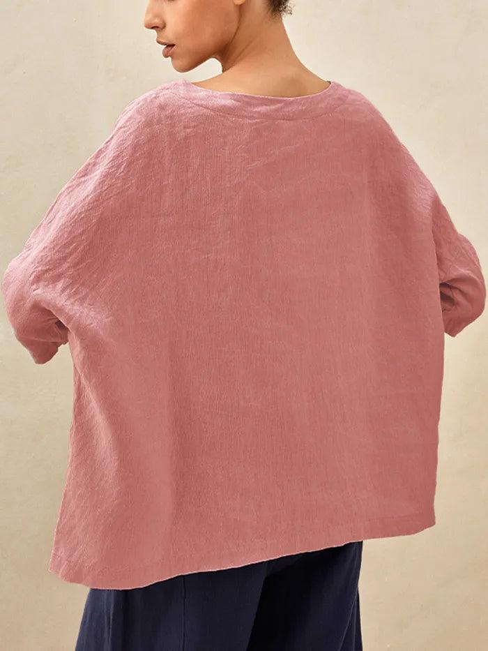 100% Linen Gingham Checked Boatneck 3/4 Length Sleeve Top AURORA by LINTICO