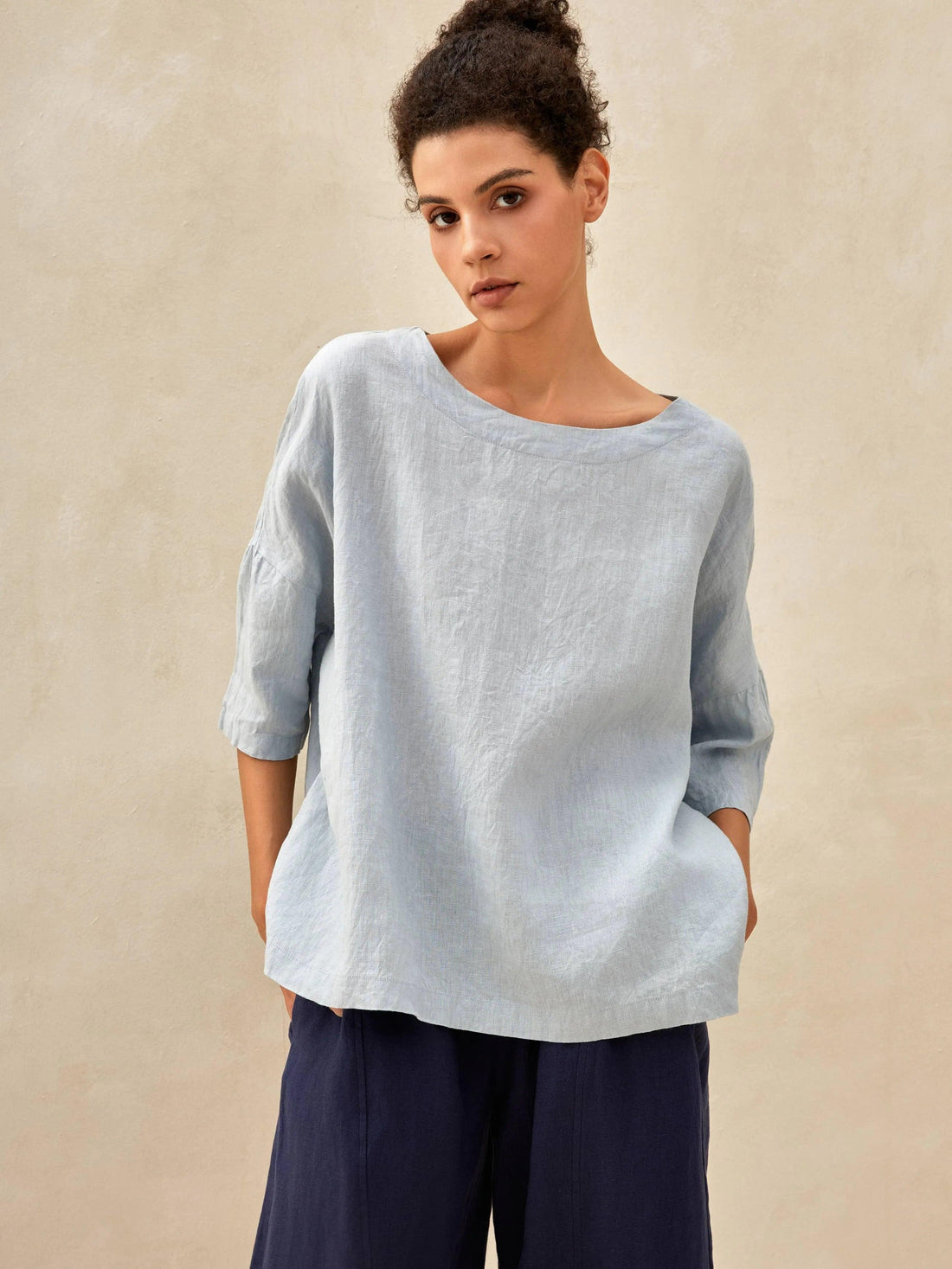 100% Linen Boatneck 3/4 Length Sleeve Top AURORA by LINTICO