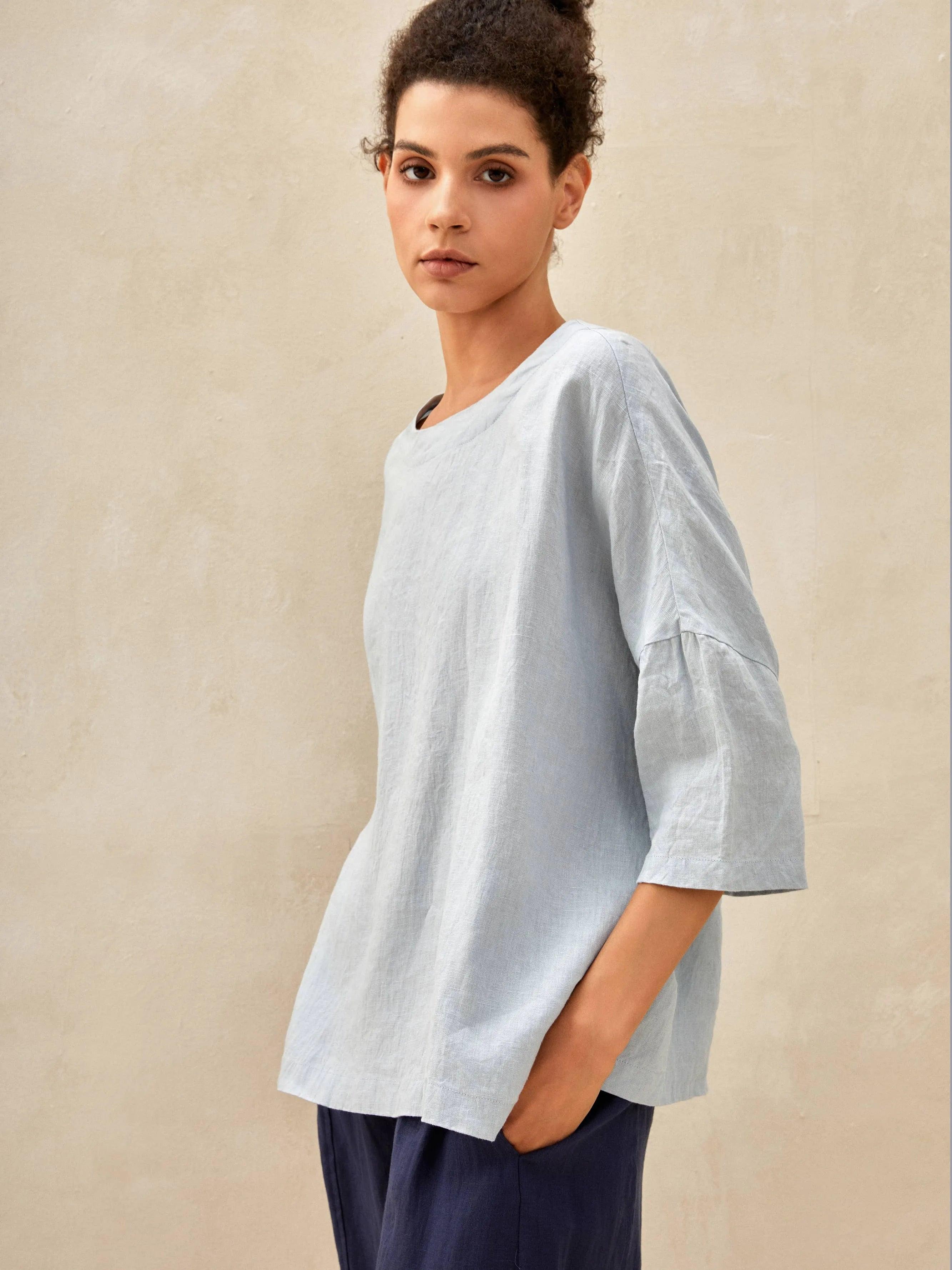 100% Linen Gingham Checked Boatneck 3/4 Length Sleeve Top AURORA by LINTICO