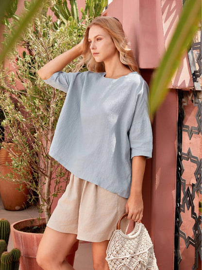 100% Linen Boatneck 3/4 Length Sleeve Top AURORA by LINTICO