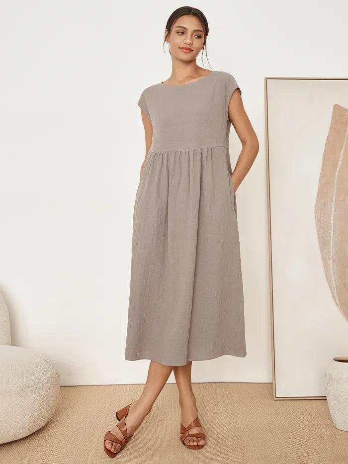 Linen Striped Cap Sleeve Washed Maxi Dress JOAN by LINTICO