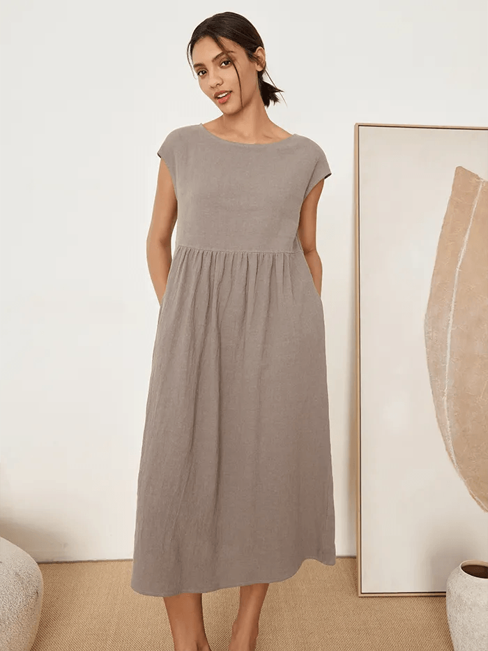 Linen Striped Cap Sleeve Washed Maxi Dress JOAN by LINTICO