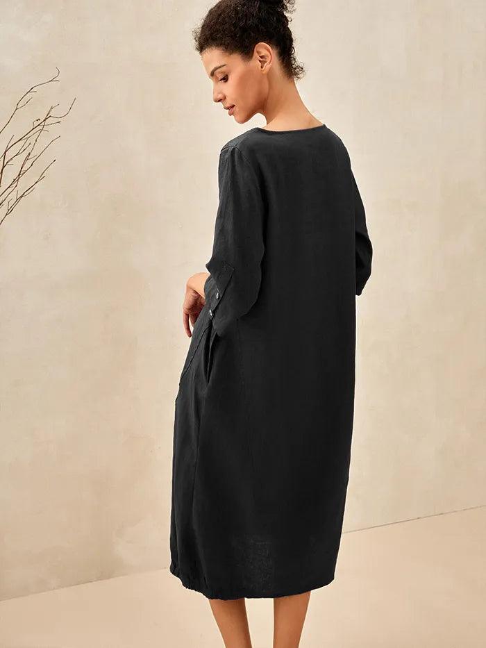 100% Linen Collarless Mid-Length Dress SOFIA by LINTICO