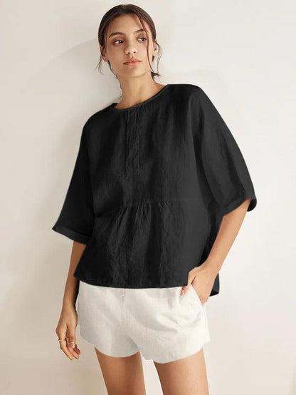 100% Linen Round Neck Mid-Sleeve Top ROBYN by LINTICO