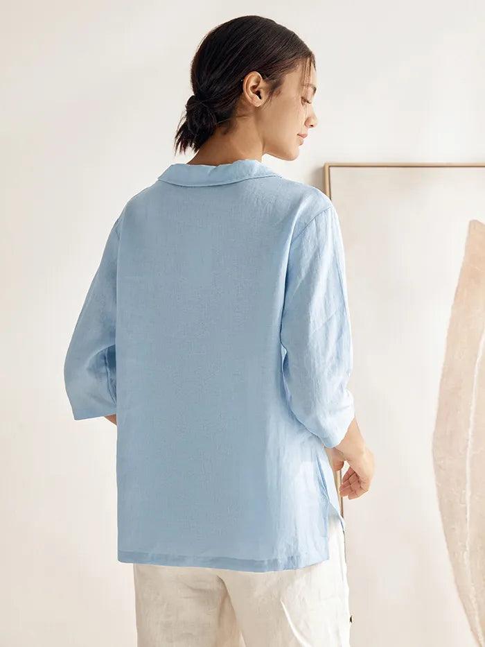 100% Linen Shawl V-Neck Half Sleeve Top JADE by LINTICO