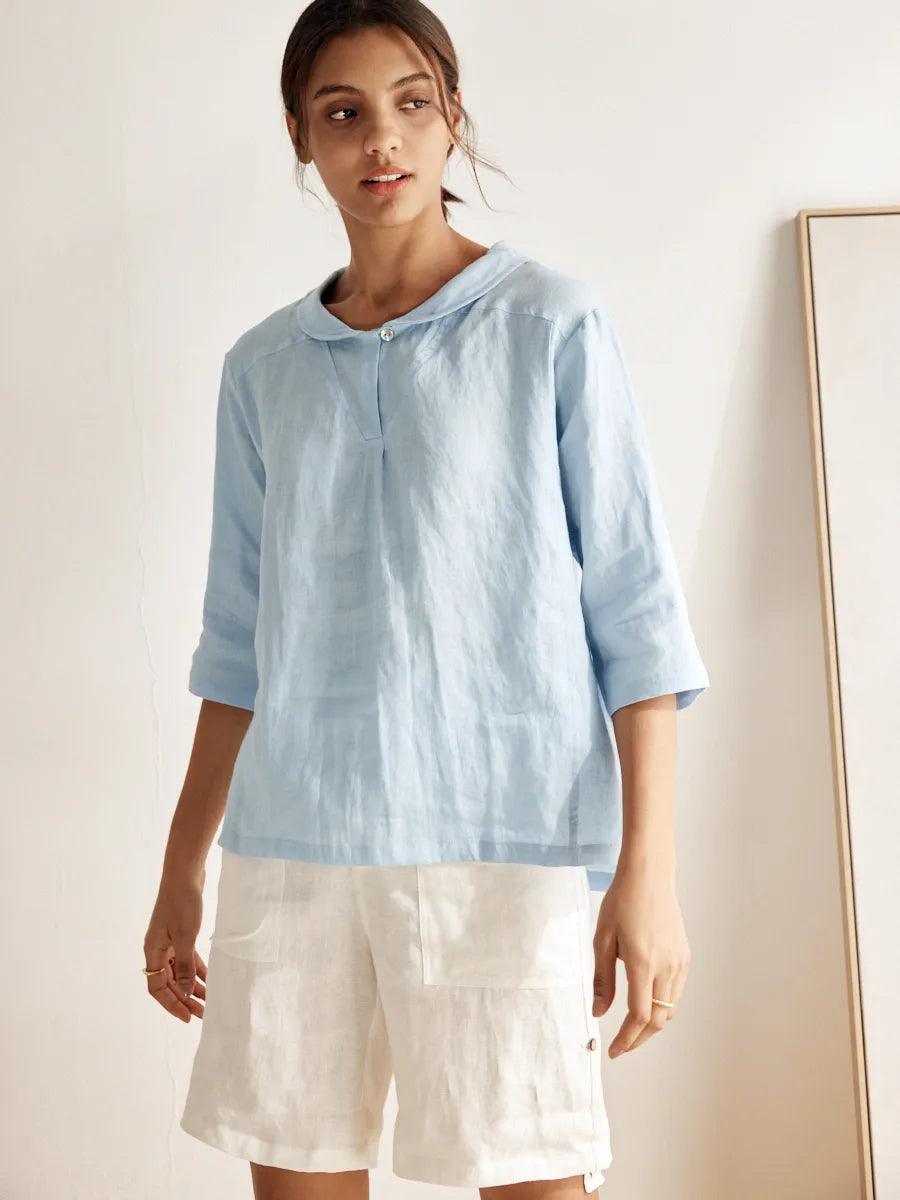 100% Linen Stripe Shawl V-Neck Half Sleeve Top by LINTICO
