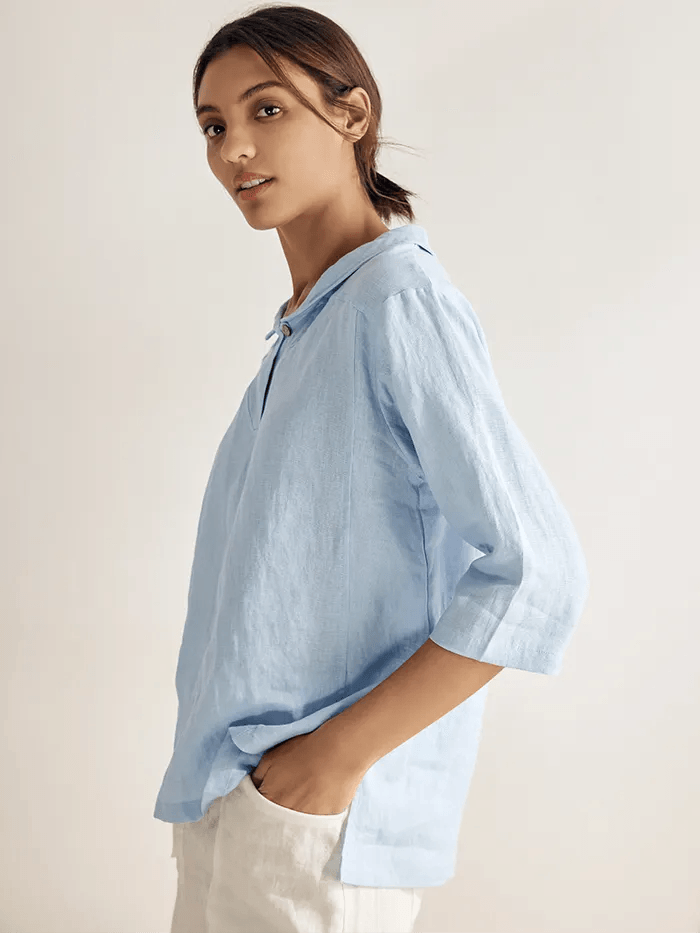 100% Linen Stripe Shawl V-Neck Half Sleeve Top by LINTICO