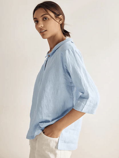 100% Linen Stripe Shawl V-Neck Half Sleeve Top by LINTICO