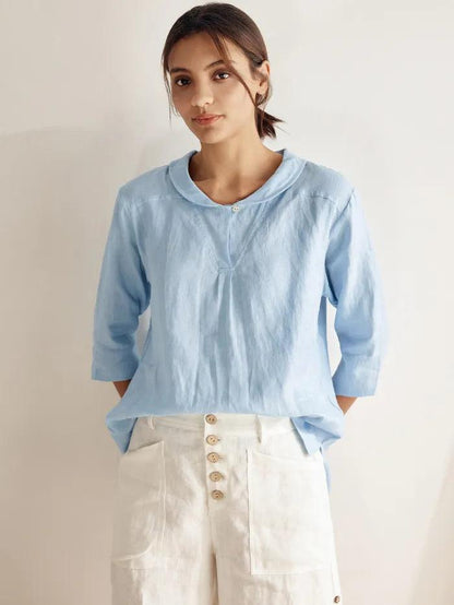 100% Linen Shawl V-Neck Half Sleeve Top JADE by LINTICO