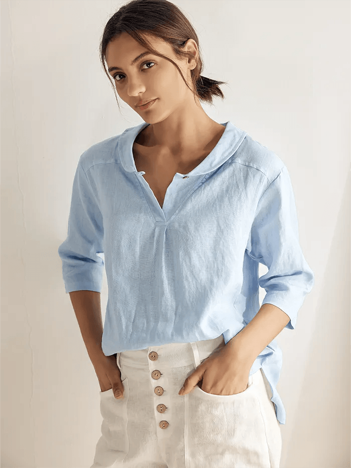 100% Linen Shawl V-Neck Half Sleeve Top JADE  DestGlow
