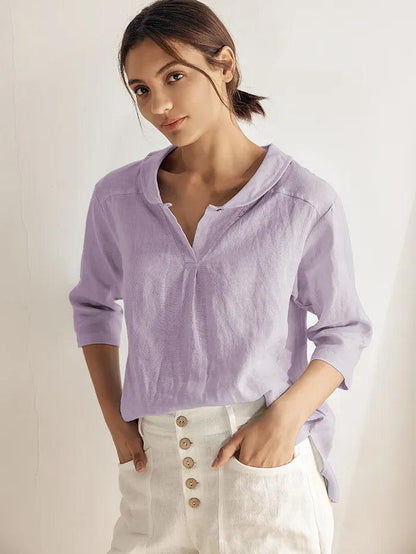100% Linen Stripe Shawl V-Neck Half Sleeve Top by LINTICO