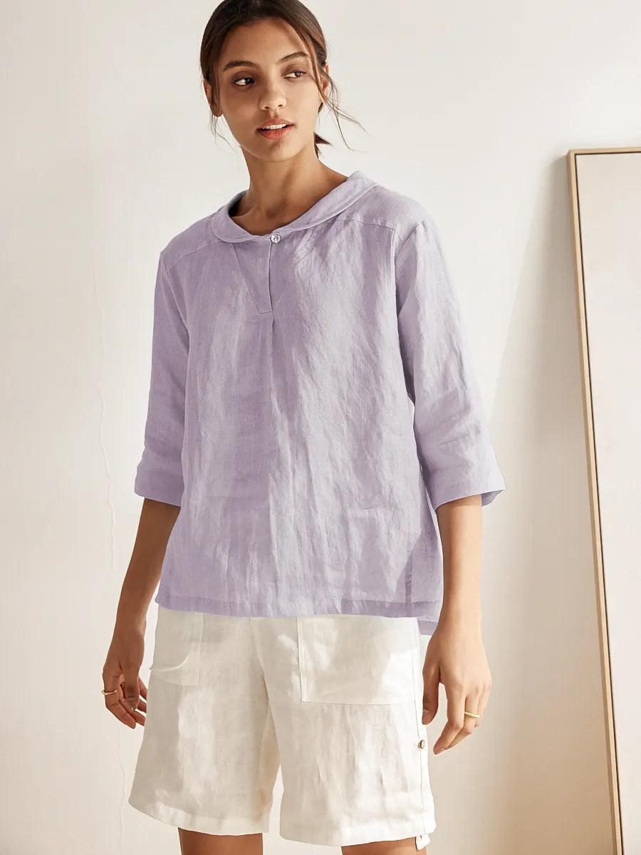 100% Linen Stripe Shawl V-Neck Half Sleeve Top by LINTICO