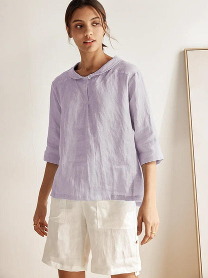 100% Linen Stripe Shawl V-Neck Half Sleeve Top by LINTICO