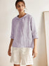 100% Linen Stripe Shawl V-Neck Half Sleeve Top by LINTICO