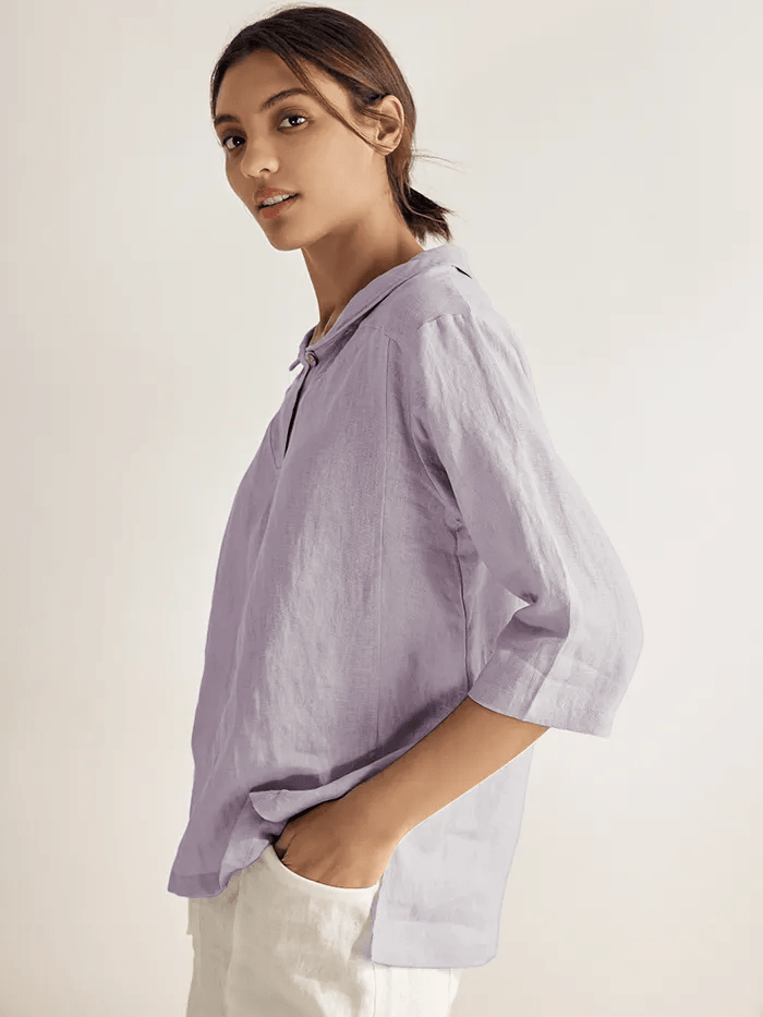 100% Linen Stripe Shawl V-Neck Half Sleeve Top by LINTICO