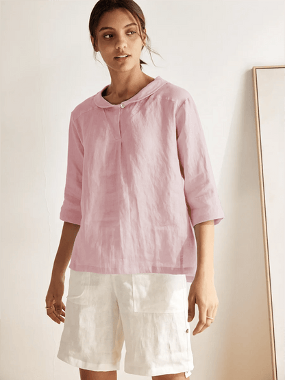 100% Linen Shawl V-Neck Half Sleeve Top JADE by LINTICO