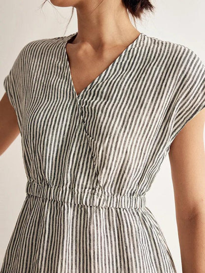 100% Linen Striped Elastic-Waist Mini Dress ARIA by LINTICO