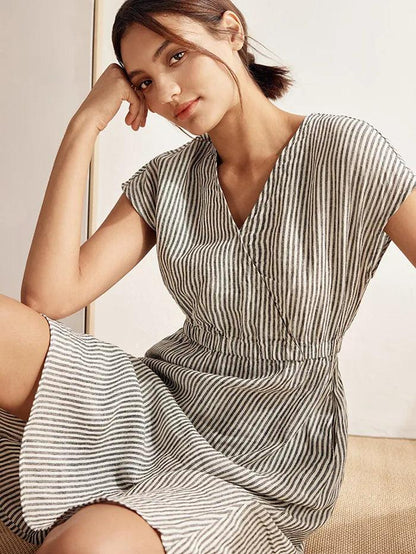 100% Linen Striped Elastic-Waist Mini Dress ARIA by LINTICO