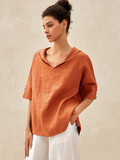 Linen V-Neck Short-Sleeve Shirt SIERRA  DestGlow