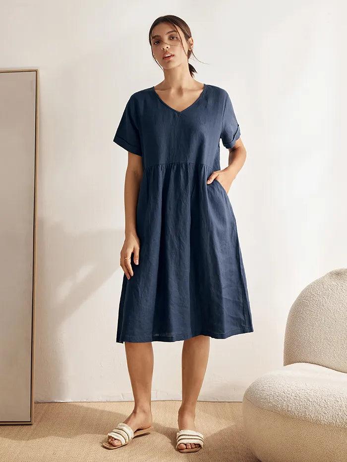 100% Linen V-Neck Waist Ruched Pocket Dress CHARLOTTE by LINTICO