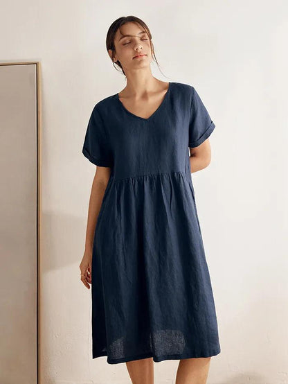 100% Linen V-Neck Waist Ruched Pocket Dress CHARLOTTE by LINTICO