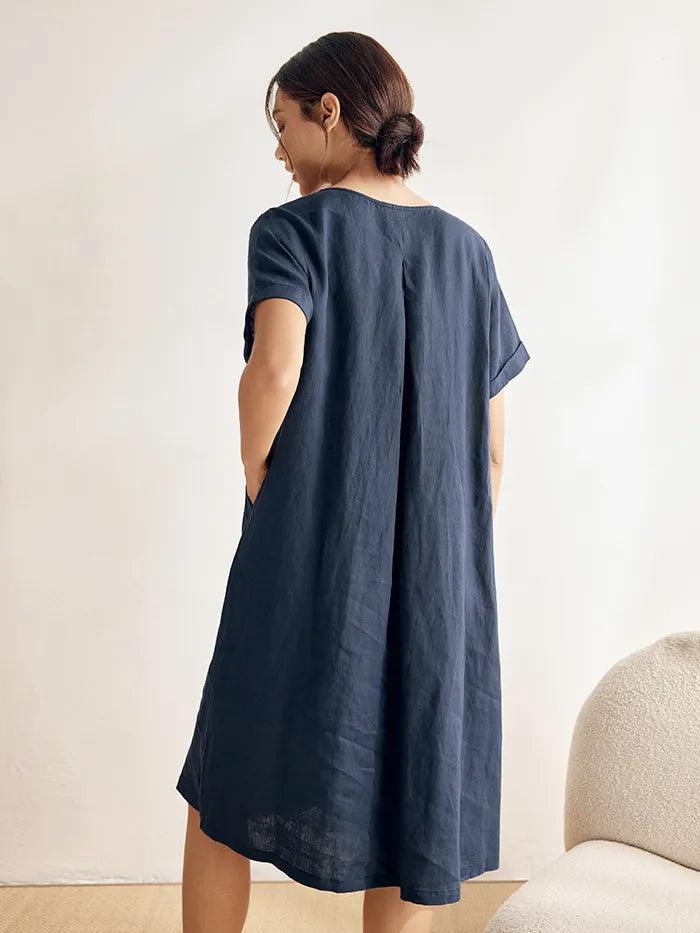 100% Linen V-Neck Waist Ruched Pocket Dress CHARLOTTE by LINTICO