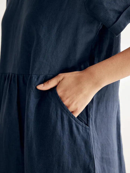100% Linen V-Neck Waist Ruched Pocket Dress CHARLOTTE by LINTICO