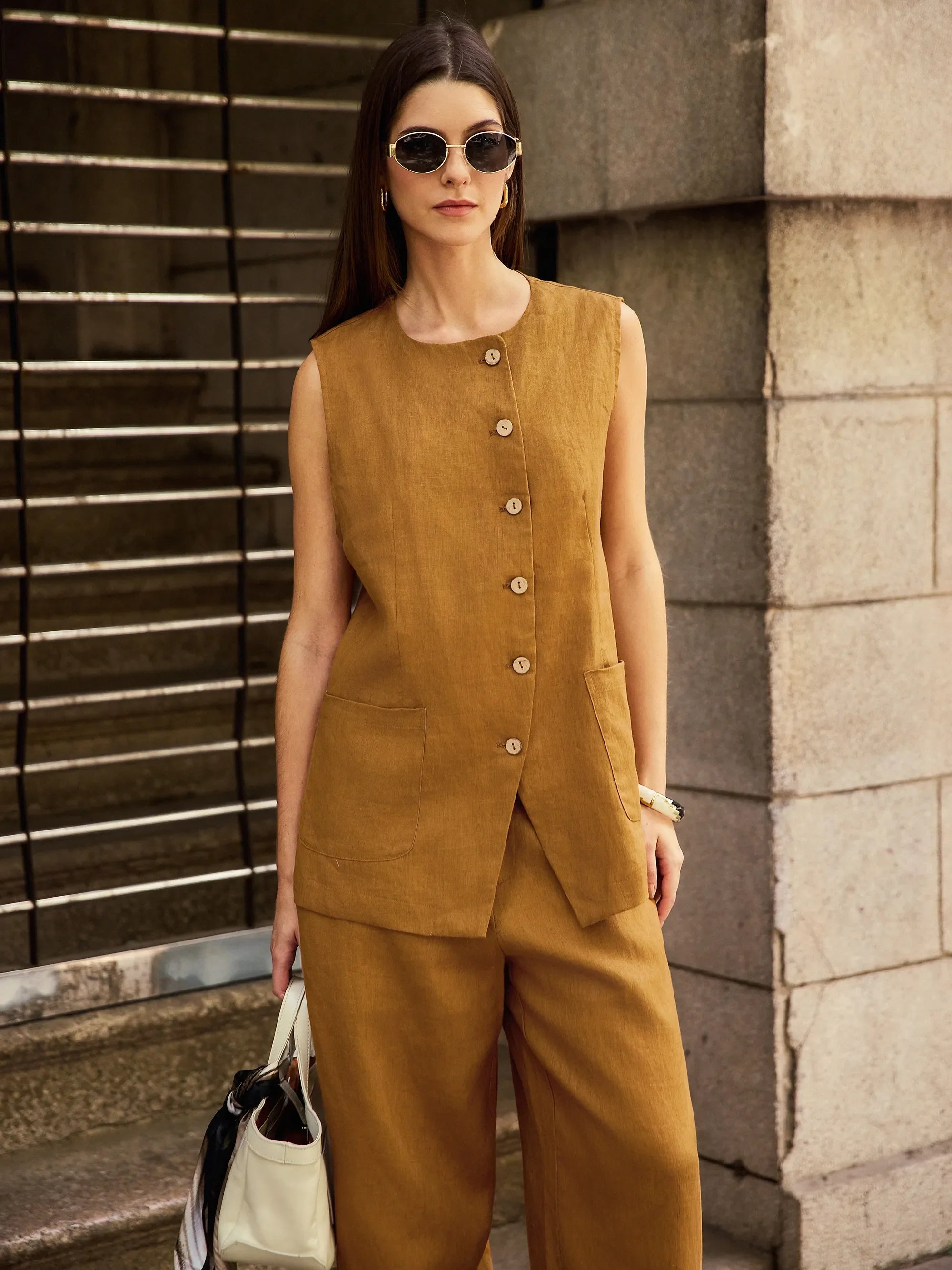 100% Linen Arc-Placket Button-Front Vest ELFRIDA by LINTICO