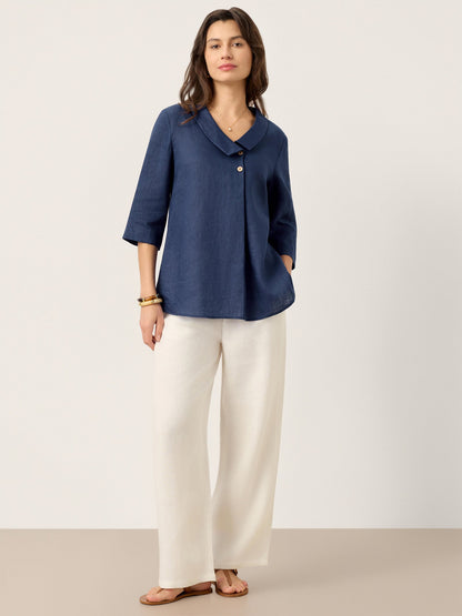 100% Linen Asymmetric Collar Inverted Pleat Top OTTILIE by LINTICO