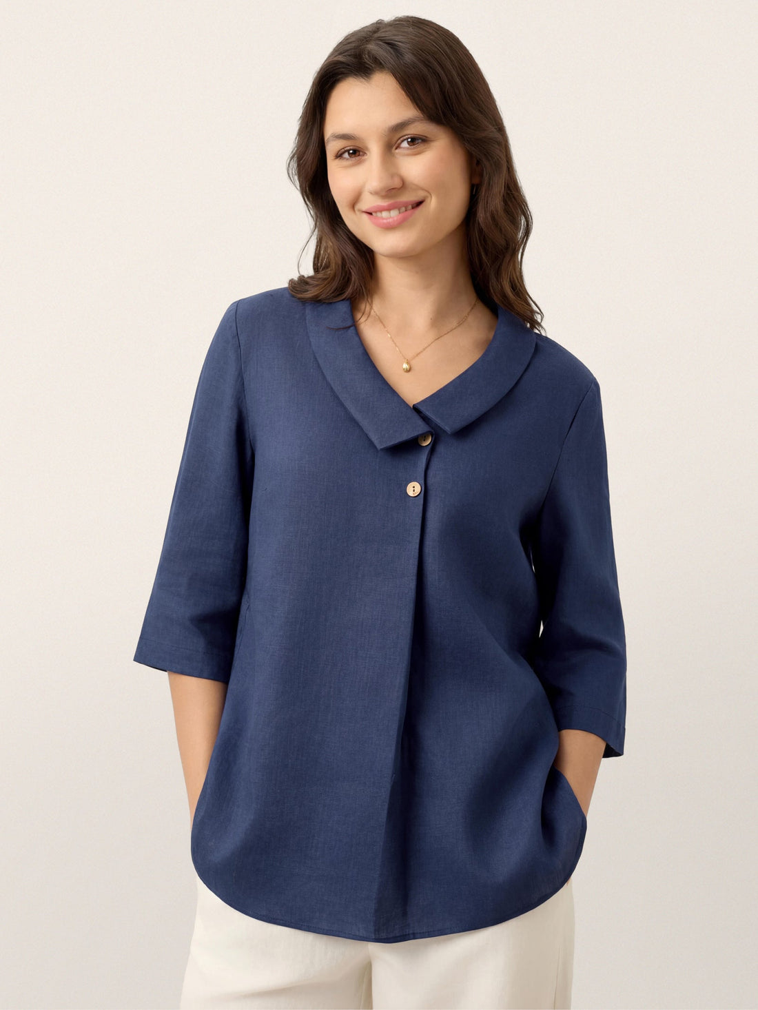 100% Linen Asymmetric Collar Inverted Pleat Top OTTILIE by LINTICO