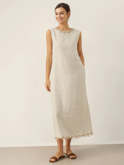 100% Linen Beaded Crew Neck Midi Dress with Belt BELLA by LINTICO