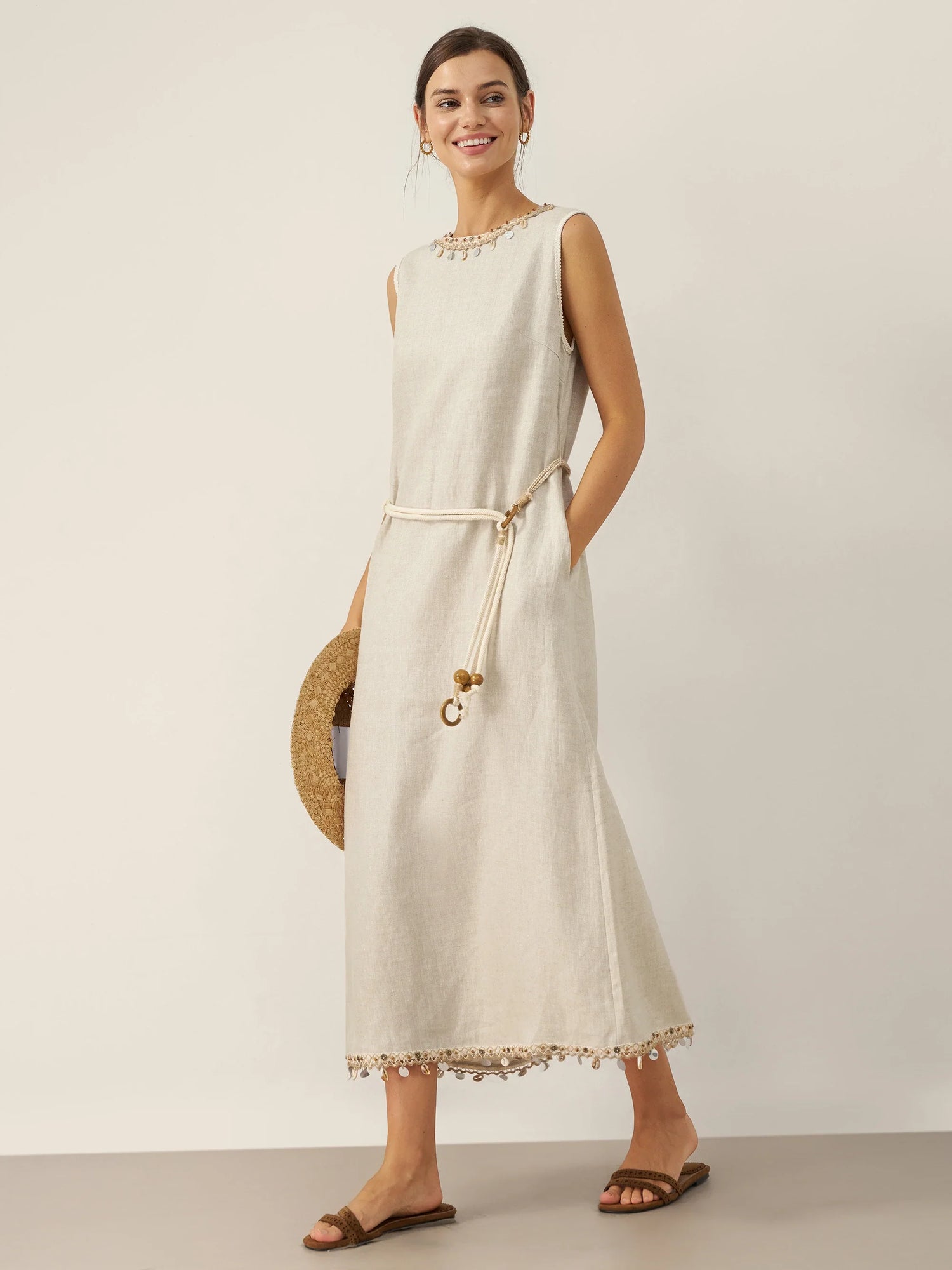 100% Linen Beaded Crew Neck Midi Dress with Belt BELLA by LINTICO