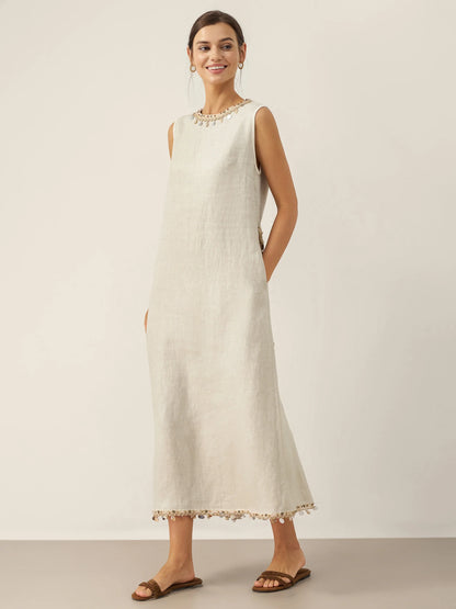 100% Linen Beaded Crew Neck Midi Dress with Belt BELLA by LINTICO