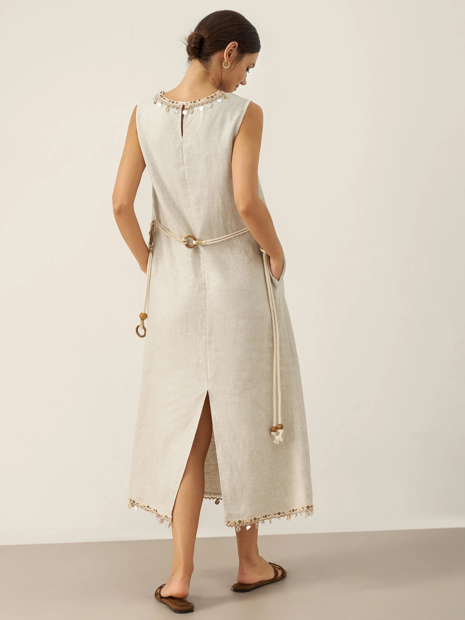 100% Linen Beaded Crew Neck Midi Dress with Belt BELLA by LINTICO