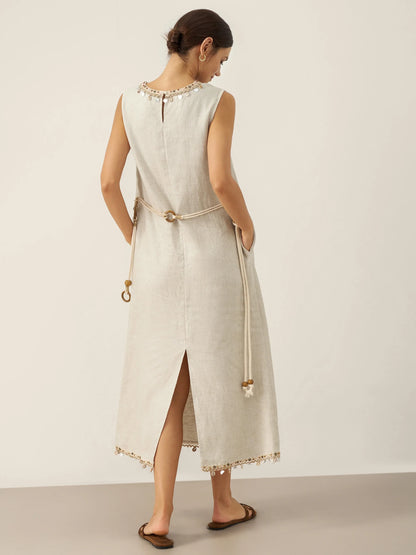 100% Linen Beaded Crew Neck Midi Dress with Belt BELLA by LINTICO