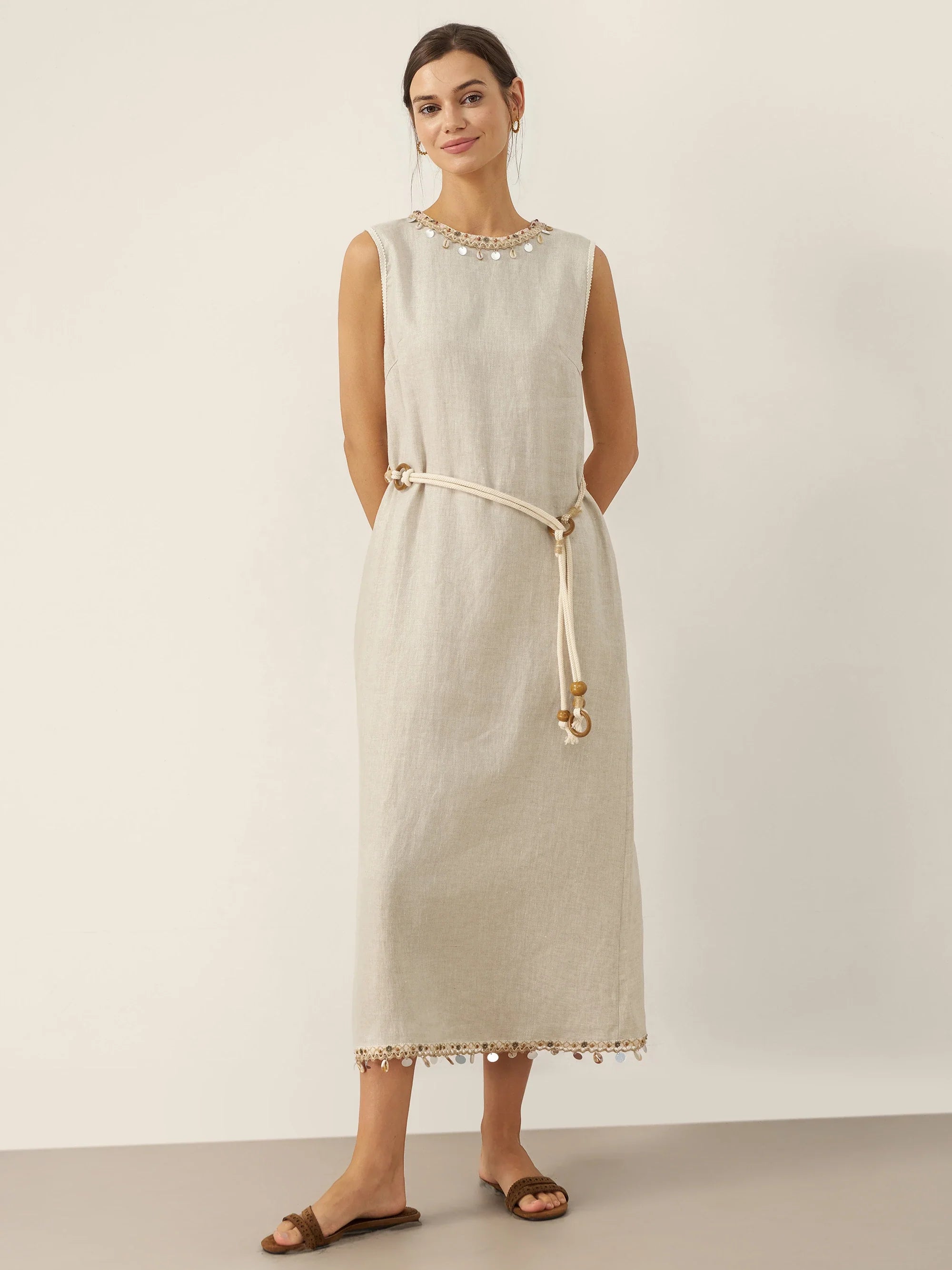 100% Linen Beaded Crew Neck Midi Dress with Belt BELLA by LINTICO