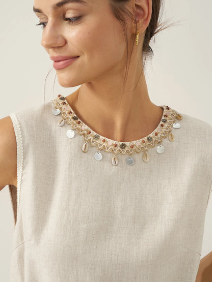 100% Linen Beaded Crew Neck Midi Dress with Belt BELLA by LINTICO
