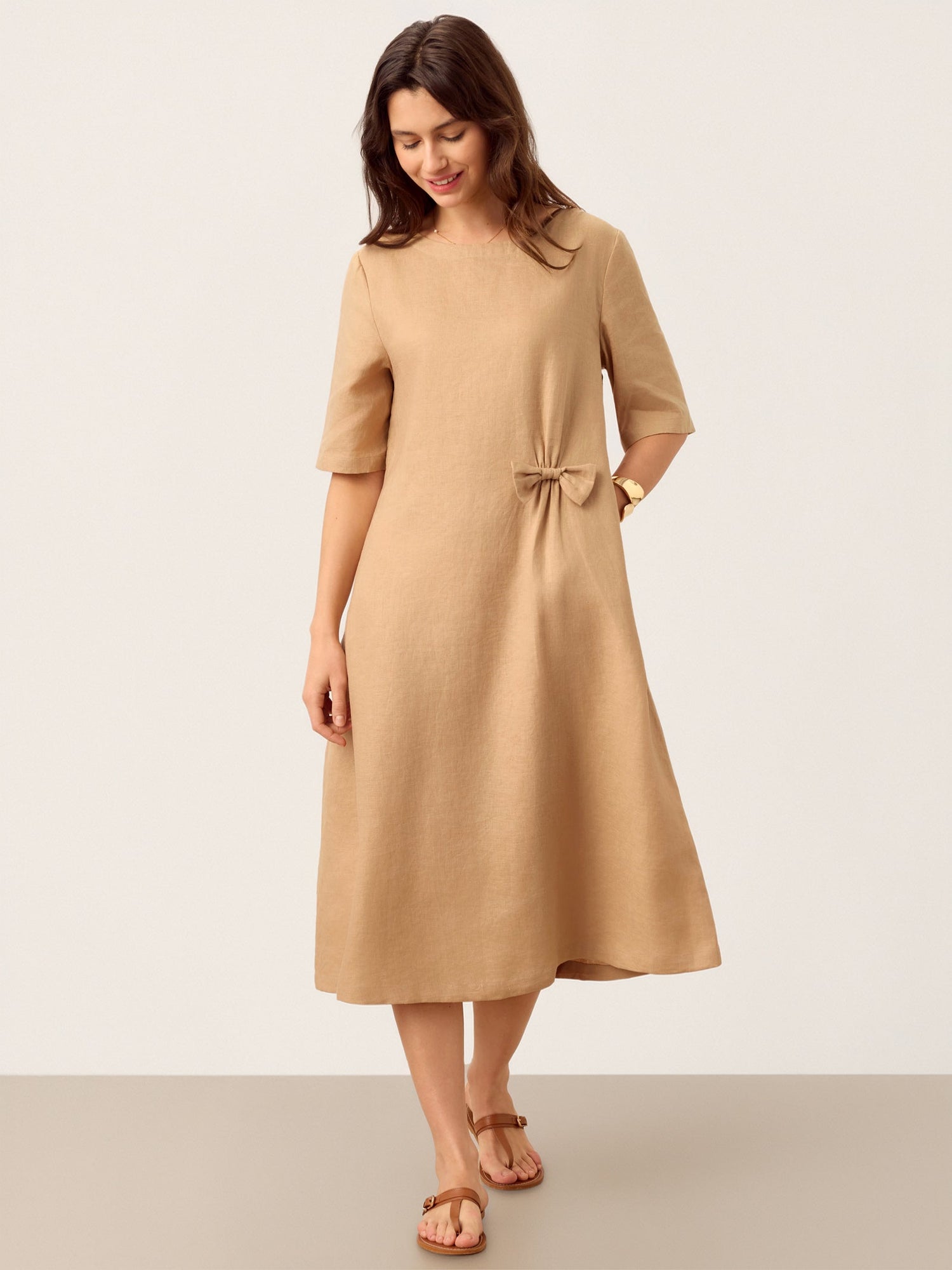 100% Linen Side-Gathered Bow Maxi Dress ESMERALDA by LINTICO