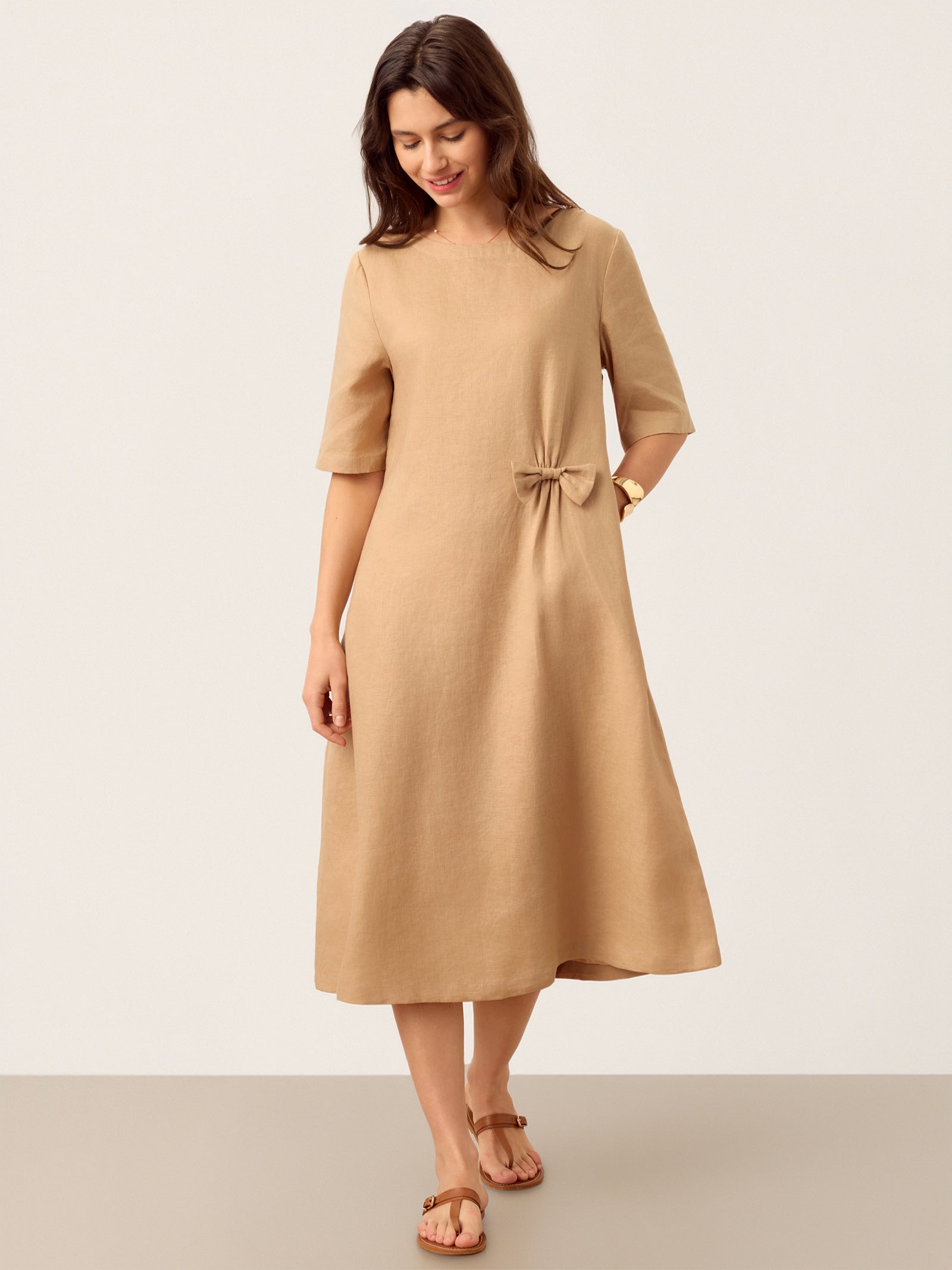100% Linen Side-Gathered Bow Maxi Dress ESMERALDA by LINTICO