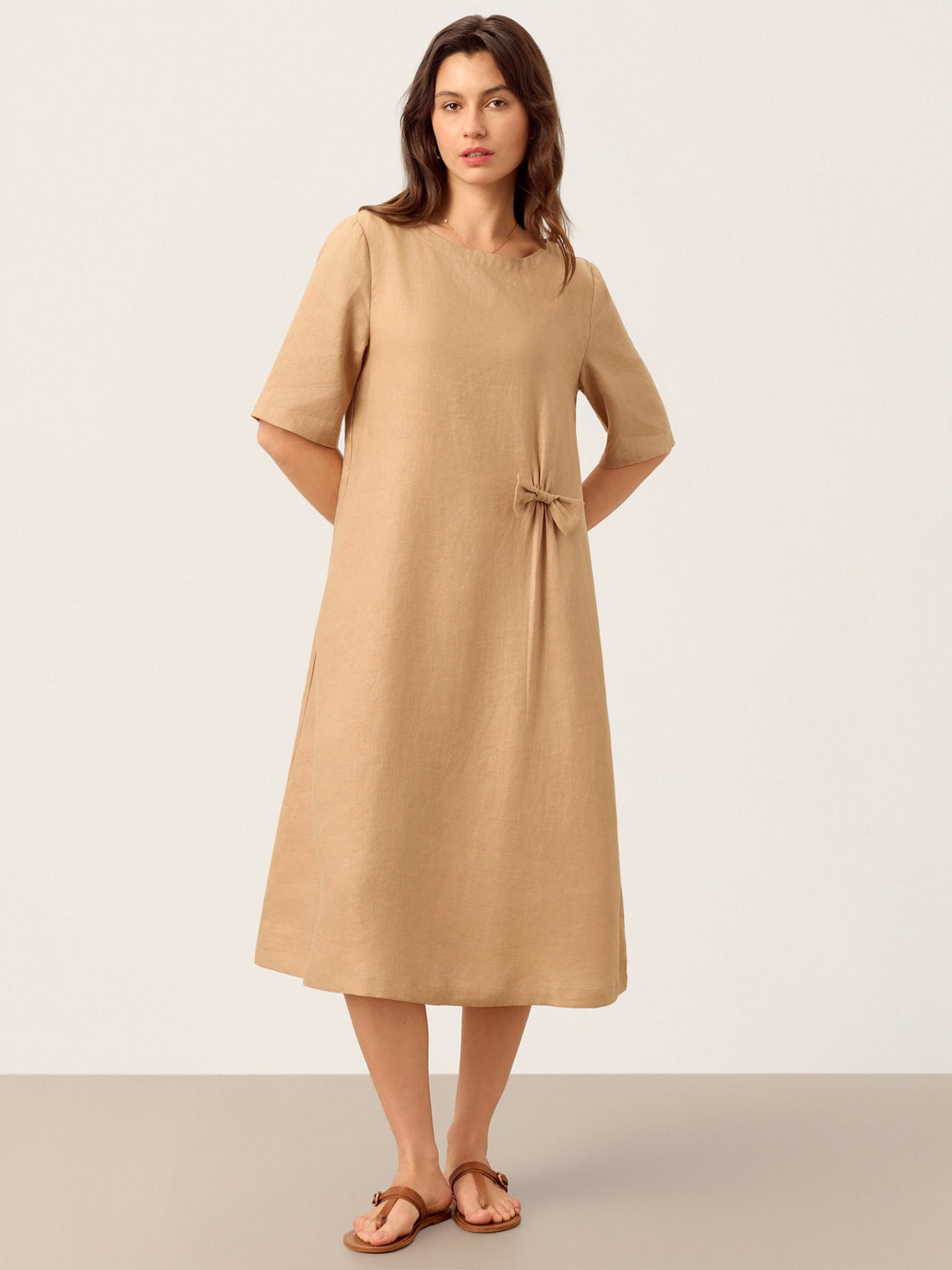 100% Linen Side-Gathered Bow Maxi Dress ESMERALDA by LINTICO