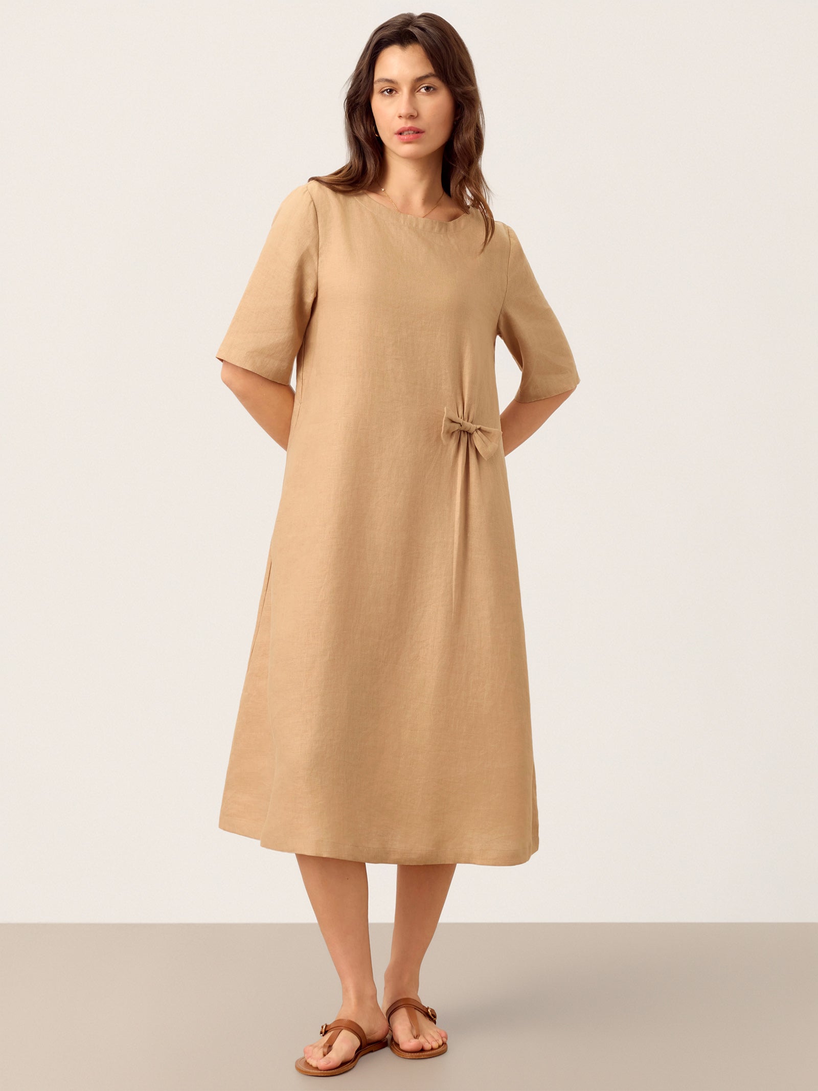 100% Linen Side-Gathered Bow Maxi Dress ESMERALDA by LINTICO