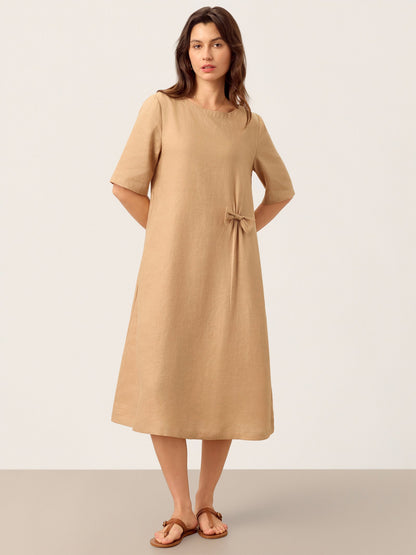 100% Linen Side-Gathered Bow Maxi Dress ESMERALDA by LINTICO