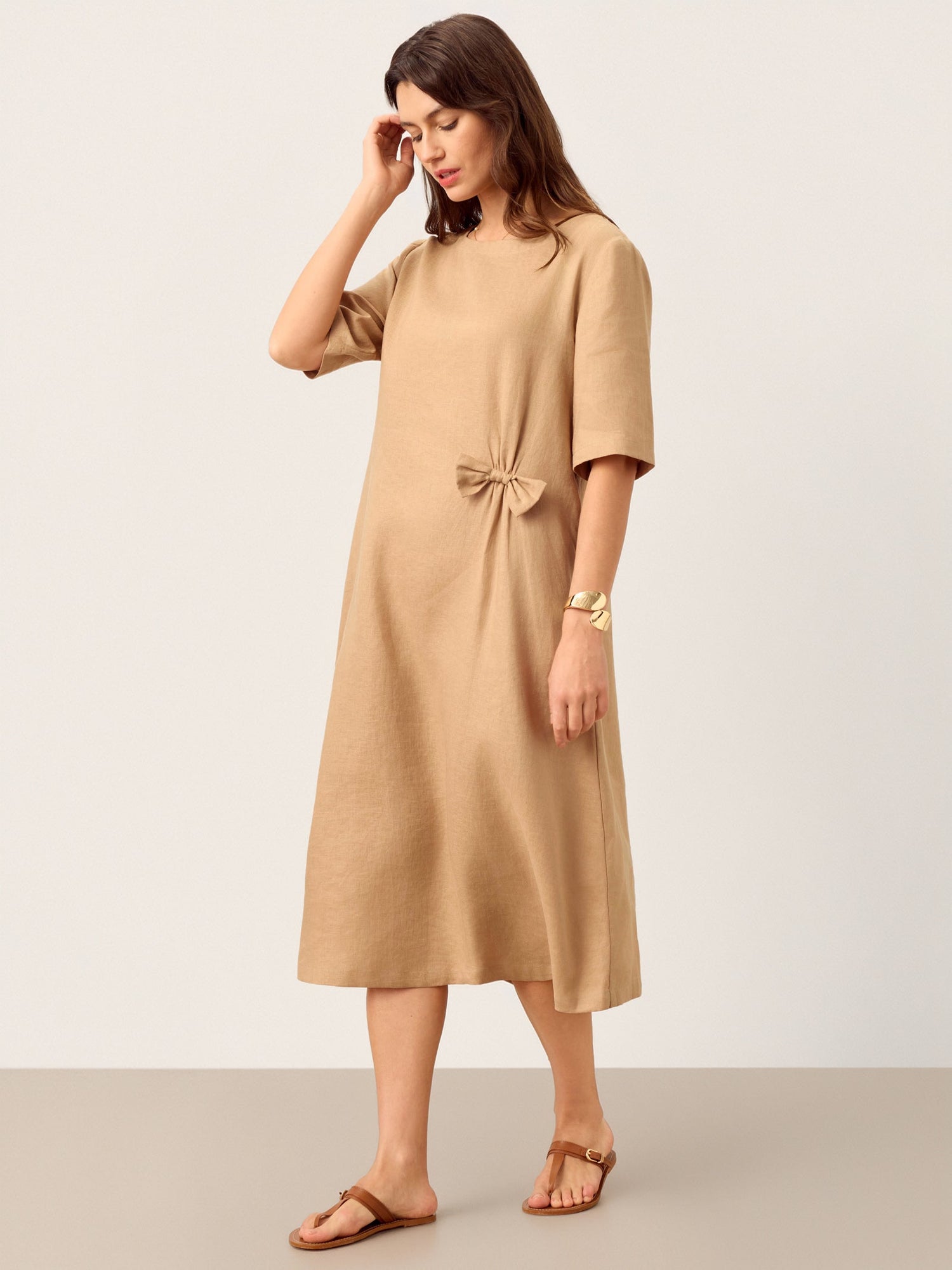 100% Linen Side-Gathered Bow Maxi Dress ESMERALDA by LINTICO