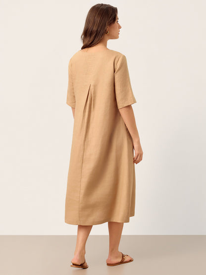 100% Linen Side-Gathered Bow Maxi Dress ESMERALDA by LINTICO