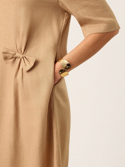 100% Linen Side-Gathered Bow Maxi Dress ESMERALDA by LINTICO
