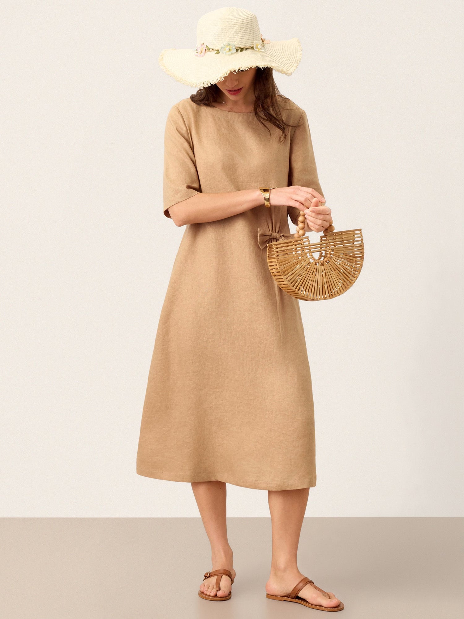100% Linen Side-Gathered Bow Maxi Dress ESMERALDA by LINTICO