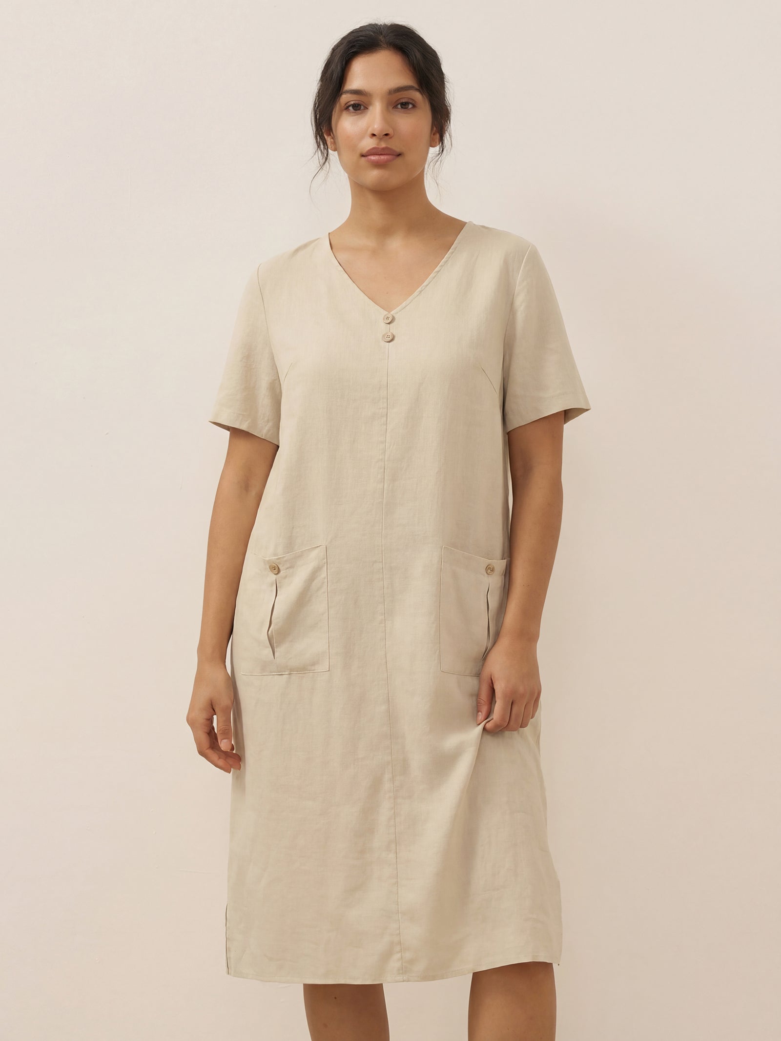 100% Linen Button Front V-Neck Midi Dress NOA by LINTICO
