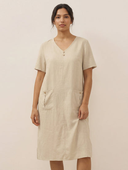 100% Linen Button Front V-Neck Midi Dress NOA by LINTICO