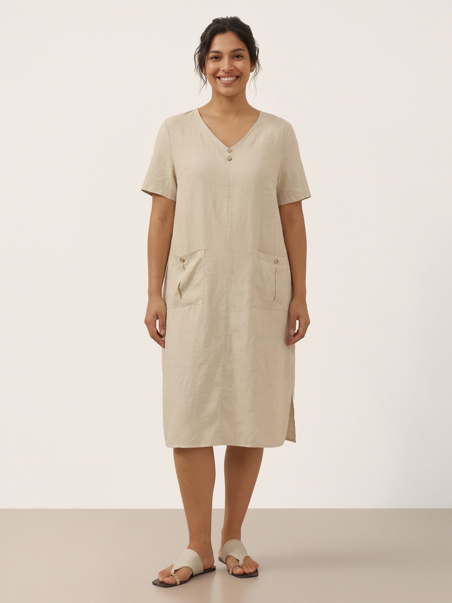 100% Linen Button Front V-Neck Midi Dress NOA by LINTICO